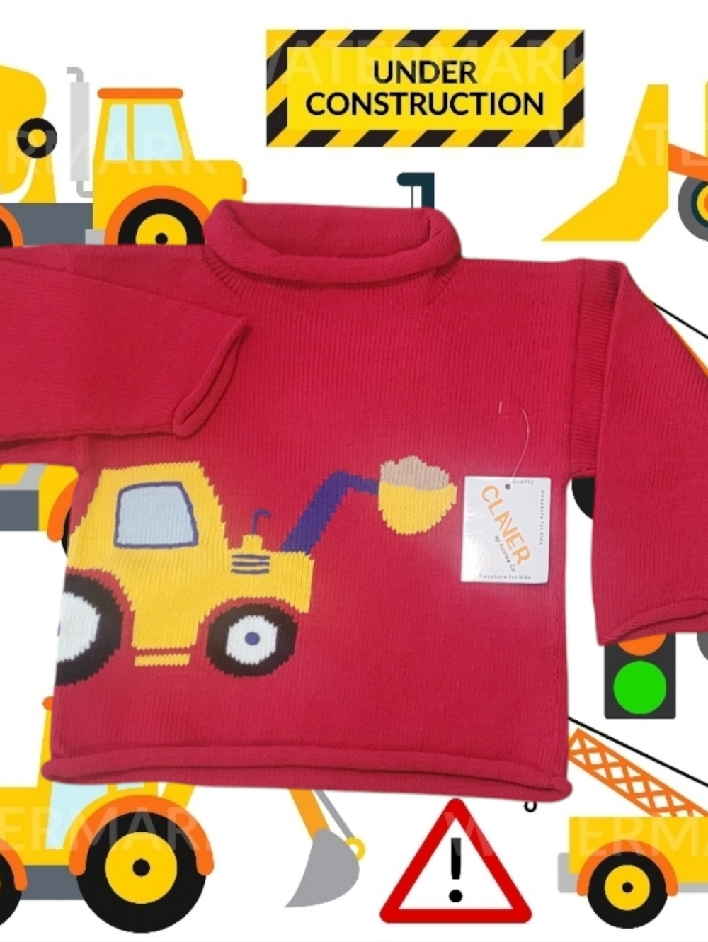 Claver Boy's Bright Red Knit Sweater with Yellow Excavator Graphic